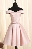 Simple A Line Off the Shoulder Pearl Pink Satin Short Homecoming Dresses with Lace RJS923