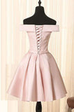 Simple A Line Off the Shoulder Pearl Pink Satin Short Homecoming Dresses with Lace RJS923 Rjerdress