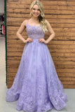 Simple A-Line Purple Spaghetti Straps Chic Blue Tulle Backless Prom Dresses With Appliques Rjerdress
