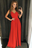 Simple A Line Red Spaghetti Straps V Neck Backless Prom Dresses Long RJS705