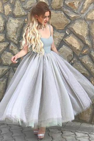 Simple A-Line Spaghetti Straps Gray Tulle Short Ball Gown Sweetheart Homecoming Dress Rjerdress