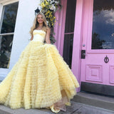 Simple A Line Strapless Tulle Layered Long Prom Dress For Teens Graduation Dress Rjerdress