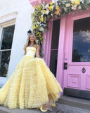 Simple A Line Strapless Tulle Layered Long Prom Dress For Teens Graduation Dress