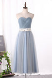 Simple A-Line Tulle Prom Dress Sweetheart With Sash Tea Length Rjerdress