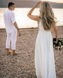 Simple A-Line V Neck Open Back White Sleeveless Wedding Dresses Rjerdress