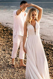 Simple A-Line V Neck Open Back White Sleeveless Wedding Dresses Rjerdress