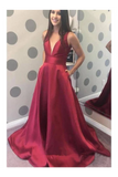 Simple A-Line V-Neck Satin Long Cheap Red Prom Dresses With Pocket Rjerdress