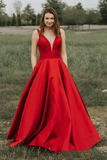 Simple A-Line V-Neck Satin Long Cheap Red Prom Dresses With Pocket Rjerdress