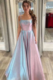Simple A Line V Neck Satin Open Back Long Prom Dresses Sexy Evening Dresses