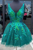 Simple A Line V Neck Short Green Tulle Homecoming Dress With Appliques H1000 Rjerdress