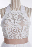Simple A-Line White Open Back Jewel Sleeveless Floor-Length Lace Top Halter Wedding Dress RJS381 Rjerdress