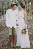 Simple A-Line White Open Back Jewel Sleeveless Floor-Length Lace Top Halter Wedding Dress RJS381