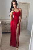 Simple A line Red Spaghetti Straps Chiffon Prom Dresses V Neck Side Slit Evening Dress RJS537
