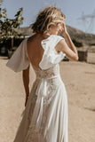 Simple A-line V-Neck Shortb Sleeves Appliques Wedding Dress RJS864 Rjerdress