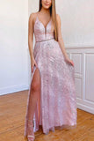 Simple A-line V-neck Sequin Long Pink Prom Dress with Criss Cross Back Prom Dresses RJS783