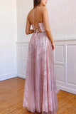 Simple A-line V-neck Sequin Long Pink Prom Dress with Criss Cross Back Prom Dresses RJS783 Rjerdress