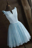 Simple Baby Blue Satin Short V Neck Graduation Dress Homecoming Dresses V Neck Bridesmaid Dresses H1085 Rjerdress