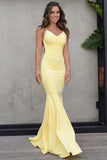Simple Backless Satin Mermaid Straps Cheap Yellow Long Pageant Prom Dresses RJS97