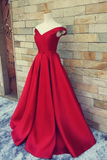 Simple Ball Gown Off The Shoulder Sweetheart Red Satin Fitted Corset Prom Dresses Rrjs157