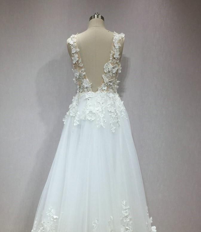 Simple Beach Boho A Line Deep V Neck Ivory Wedding Dresses With 3D Flowers Rjerdress