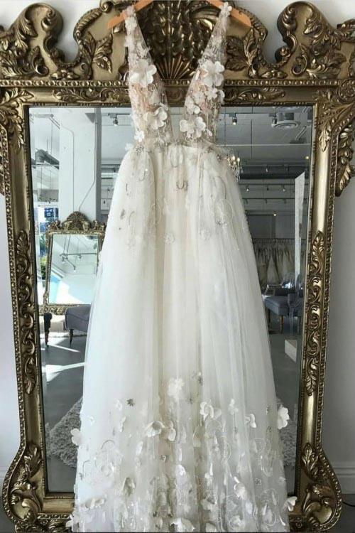Simple Beach Boho A Line Deep V Neck Ivory Wedding Dresses With 3D Flowers Rjerdress