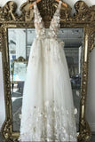 Simple Beach Boho A Line Deep V Neck Ivory Wedding Dresses With 3D Flowers