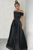 Simple Black A-line Off the Shoulder Satin Prom Dresses Long RJS402 Rjerdress