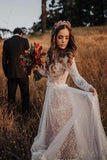 Simple Boho Long Sleeve V-Neck Wedding Dresses Lace Bohemian Backless Wedding Gowns
