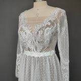 Simple Boho Long Sleeve V-Neck Wedding Dresses Lace Bohemian Backless Wedding Gowns Rjerdress