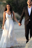 Simple Boho Spaghetti Straps Sweetheart Backless Chiffon Beach Wedding Dresses Rjerdress