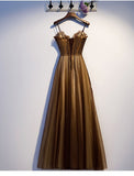 Simple Brown V Neck Beads Prom Dresses Tulle Long Cheap Prom Gowns RJS592 Rjerdress