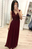 Simple Burgundy Chiffon V Neck Lace Appliques Prom Dresses Long Cheap Prom Gowns RJS896 Rjerdress