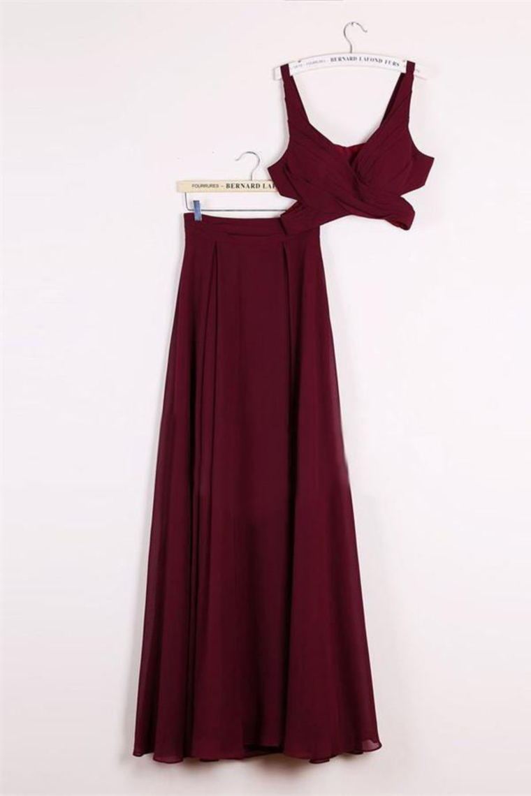 Simple Cheap Long 2 Pieces Chiffon A-Line Burgundy Prom Dresses Rjerdress