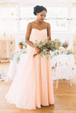 Simple Chiffon Pink Spaghetti Straps Floor Length Bridesmaid Dress
