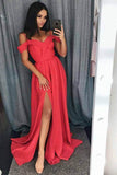 Simple Cold Shoulder Red Satin Straps Prom Dresses A Line with Split Evening Dresses RJS668