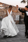Simple Deep V Neck Satin Split Backless White Wedding Dresses Bride Gowns Rjerdress