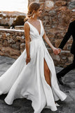 Simple Deep V Neck Satin Split Backless White Wedding Dresses Bride Gowns