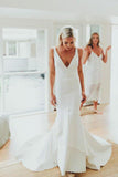 Simple Deep V Neck Sweep Train Mermaid Satin Wedding Dress Long Bridal Gowns RJS996 Rjerdress