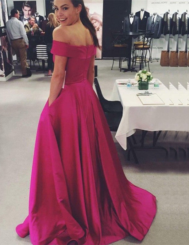 Simple Elegant Long Off The Shoulder Pink Prom Dresses With Pockets Rjerdress