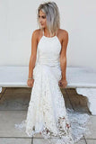 Simple Form Fitting Halter Mermaid Lace Appliques Wedding Dress Backless Beach Bridal Gowns