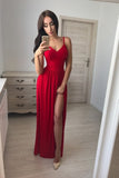 Simple Front Split Long A-Line Red Tight Cheap Prom Dresses