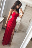 Simple Front Split Long A-Line Red Tight Cheap Prom Dresses Rjerdress