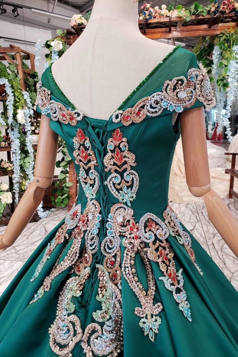 Simple Green Satin Short Sleeve Ball Gown Lace up with Applique Beads Quinceanera Dresses RJS792 Rjerdress
