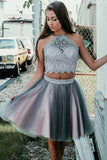 Simple Grey Two Pieces Knee Length Beads Halter Tulle Homecoming Dresses with Appliques H1124 Rjerdress