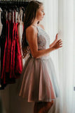 Simple Grey Two Pieces Knee Length Beads Halter Tulle Homecoming Dresses with Appliques H1124 Rjerdress