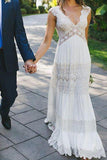 Simple Lace V Neck Ruched Short Sleeves White Floor Length Wedding Dresses Rjerdress