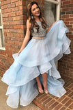 Simple Light Blue Two Piece High Low Beads Sleeveless Prom Dresses with Tulle P1027 Rjerdress