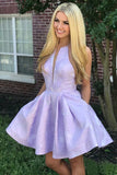 Simple Lilac Jacquard Floral Homecoming Dresses with Pocket Halter Graduation Dresses RJS949