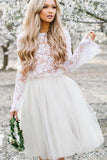 Simple Long Sleeve Lace Two Piece Short Cocktail Dresses Ivory Homecoming Dresses RJS863 Rjerdress