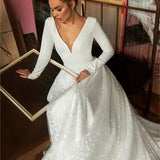Simple Long Sleeve Satin V Neck Wedding Dress, V Beck Boho Beach Bride Gown Rjerdress